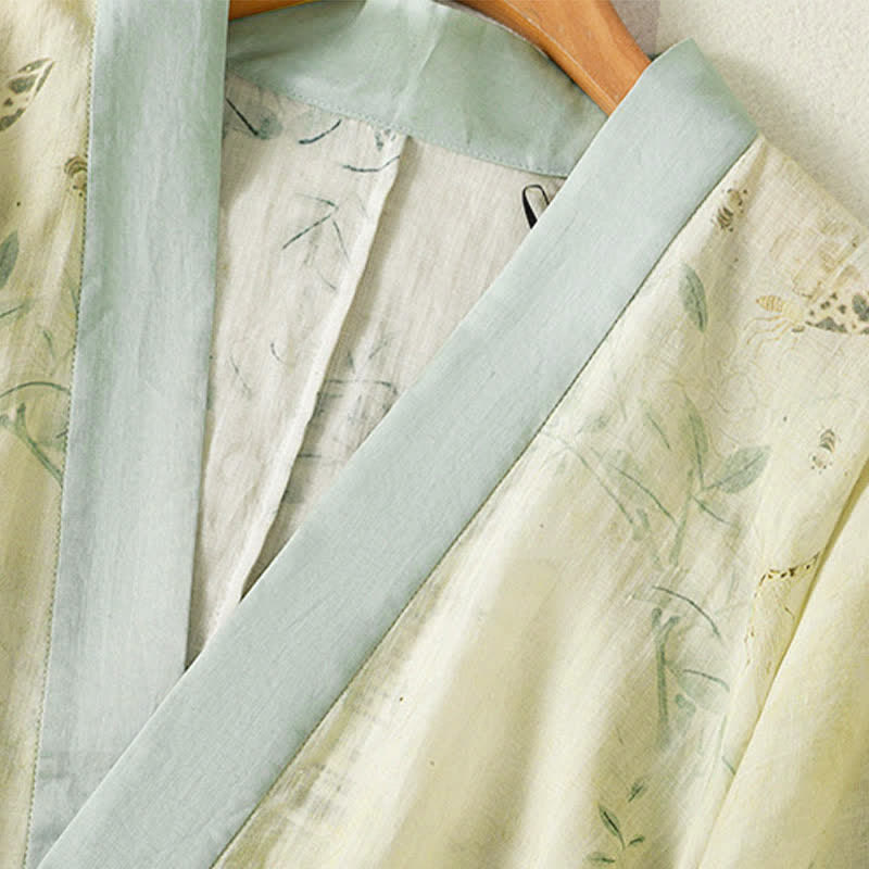 Nimara Ritual Summer Casual Vintage Drawstring V-Neck Floral Contrast Trim Three-Quarter Sleeve Women's Kimono