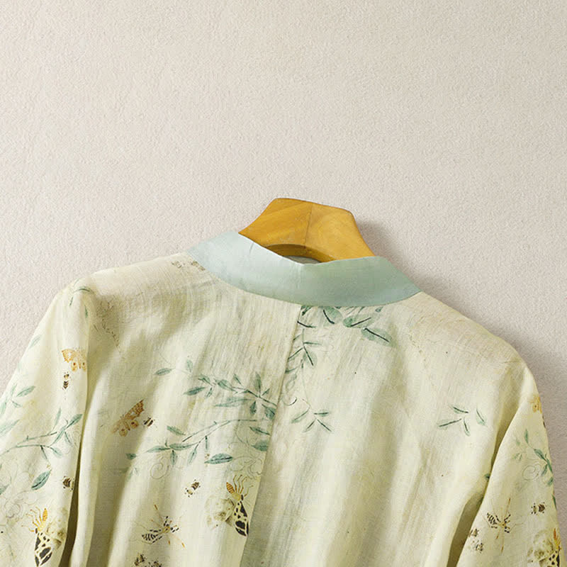 Nimara Ritual Summer Casual Vintage Drawstring V-Neck Floral Contrast Trim Three-Quarter Sleeve Women's Kimono
