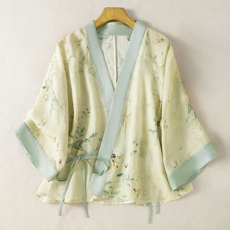 Nimara Ritual Summer Casual Vintage Drawstring V-Neck Floral Contrast Trim Three-Quarter Sleeve Women's Kimono