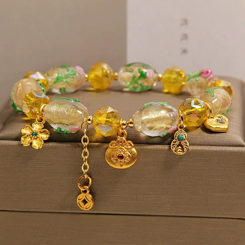 Nimara Ritual Yellow Liuli Faceted Money Bag Copper Coin Gourd Abundance Charm Chinese Style Bracelet