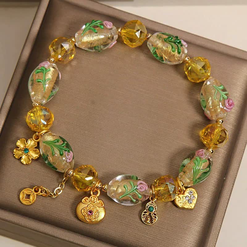 Nimara Ritual Yellow Liuli Faceted Money Bag Copper Coin Gourd Abundance Charm Chinese Style Bracelet