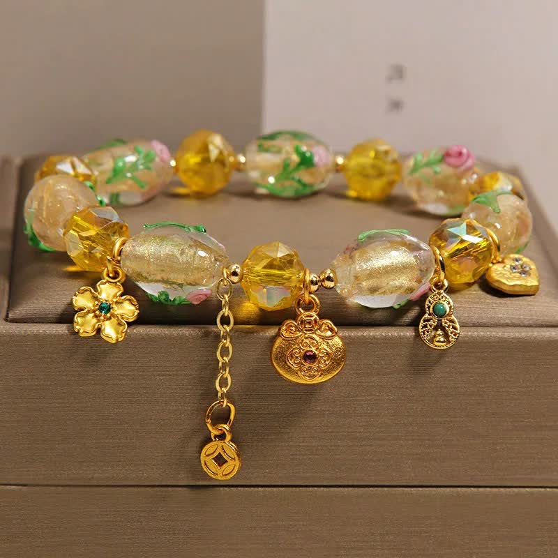 Nimara Ritual Yellow Liuli Faceted Money Bag Copper Coin Gourd Abundance Charm Chinese Style Bracelet