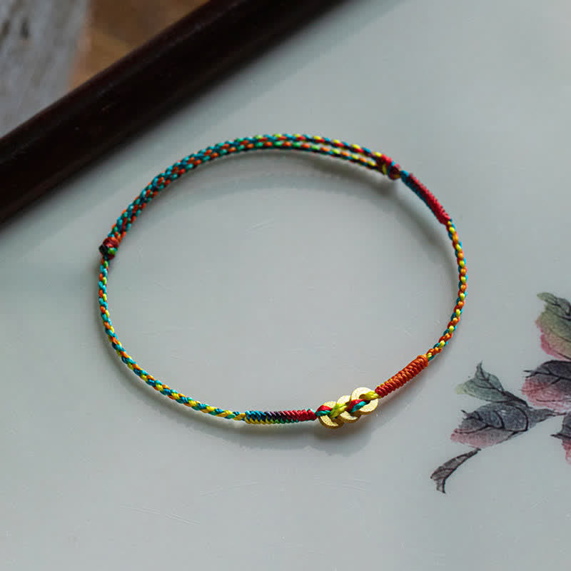 Nimara Ritual Copper Coins Hand-Woven Red Multicolor String Luck Bracelet