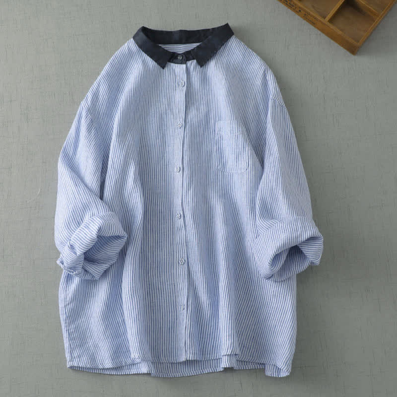 Nimara Ritual Summer Casual Tang Style Button-Up Striped Women's Long Sleeve Shirts With Pocket