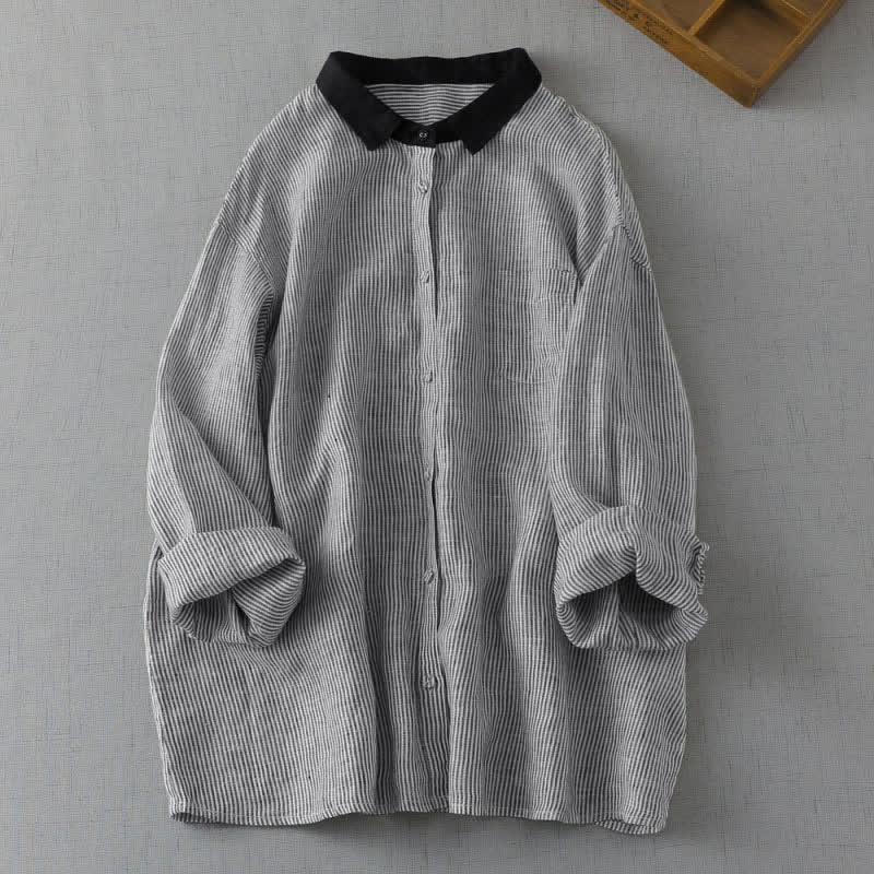 Nimara Ritual Summer Casual Tang Style Button-Up Striped Women's Long Sleeve Shirts With Pocket