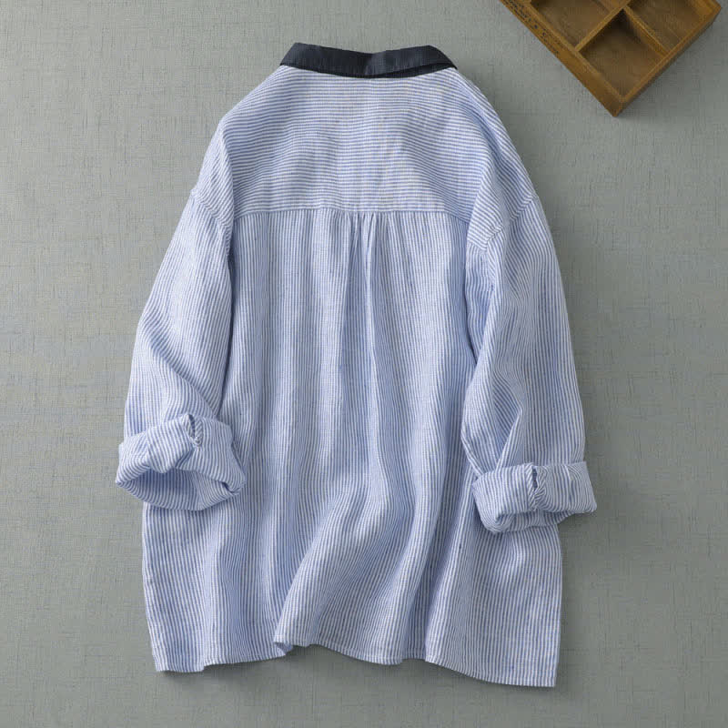 Nimara Ritual Summer Casual Tang Style Button-Up Striped Women's Long Sleeve Shirts With Pocket