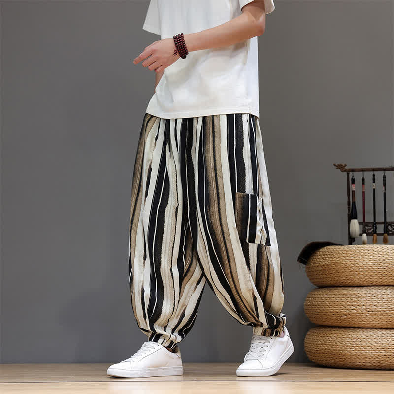 Nimara Ritual Summer Casual Boho Patch Pocket Striped Cropped Pants Men's Harem Pants With Pocket