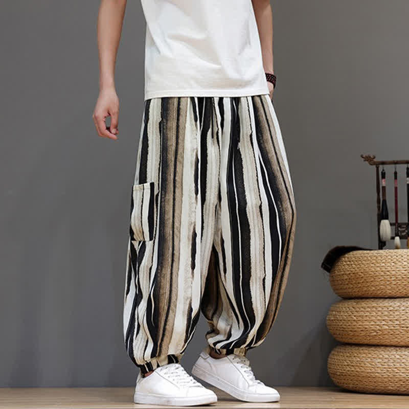 Nimara Ritual Summer Casual Boho Patch Pocket Striped Cropped Pants Men's Harem Pants With Pocket