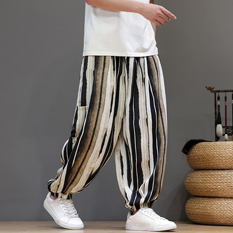 Nimara Ritual Summer Casual Boho Patch Pocket Striped Cropped Pants Men's Harem Pants With Pocket
