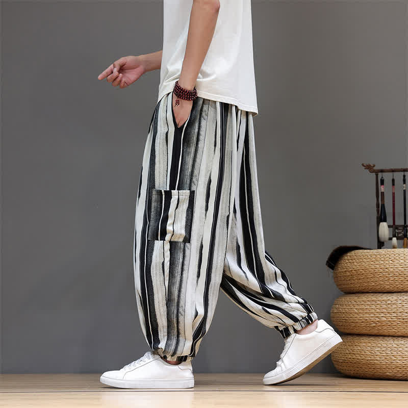 Nimara Ritual Summer Casual Boho Patch Pocket Striped Cropped Pants Men's Harem Pants With Pocket