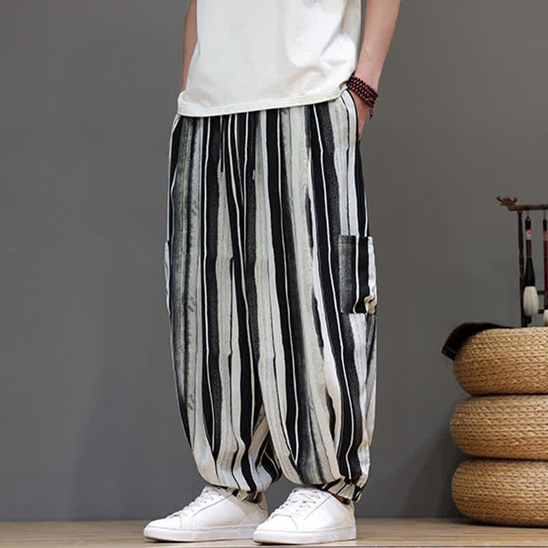 Nimara Ritual Summer Casual Boho Patch Pocket Striped Cropped Pants Men's Harem Pants With Pocket