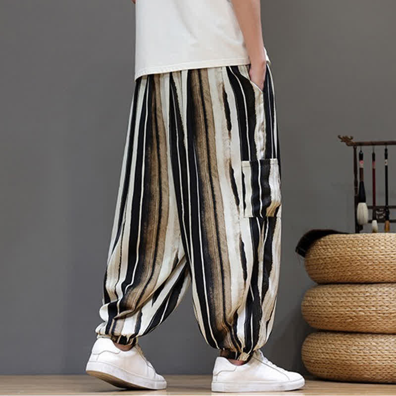 Nimara Ritual Summer Casual Boho Patch Pocket Striped Cropped Pants Men's Harem Pants With Pocket