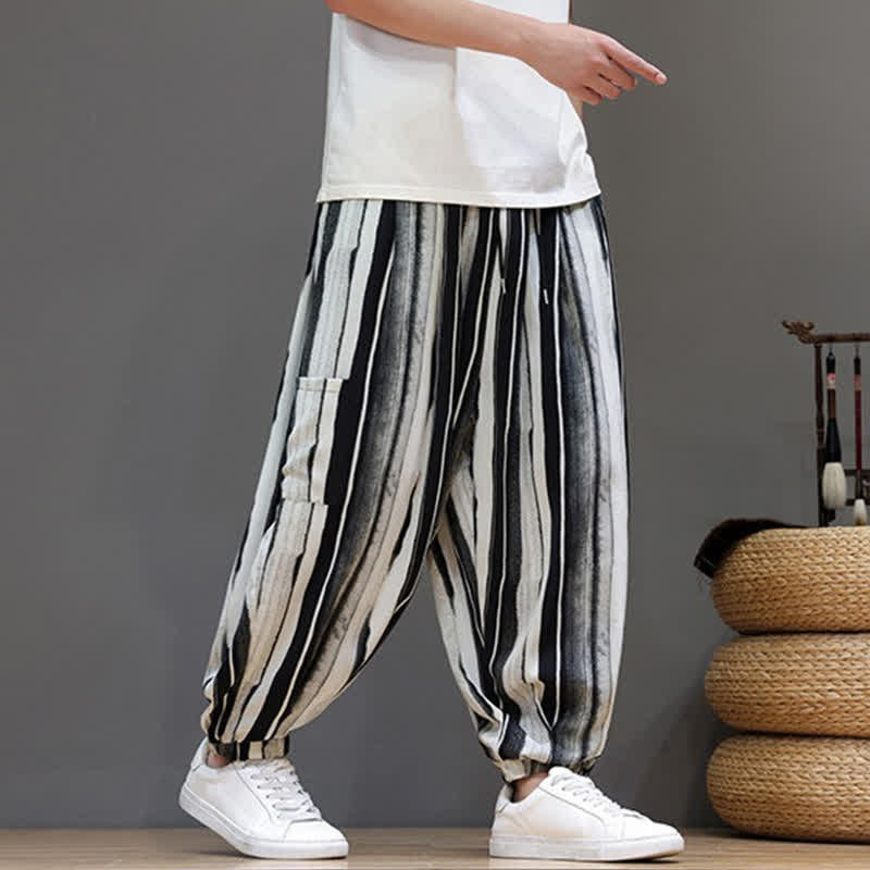 Nimara Ritual Summer Casual Boho Patch Pocket Striped Cropped Pants Men's Harem Pants With Pocket