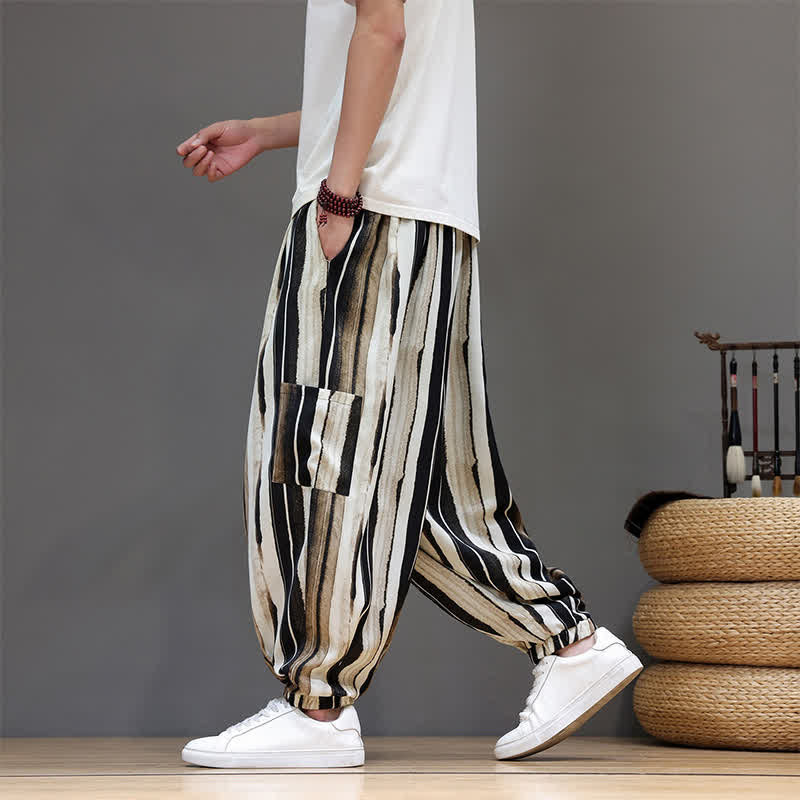 Nimara Ritual Summer Casual Boho Patch Pocket Striped Cropped Pants Men's Harem Pants With Pocket