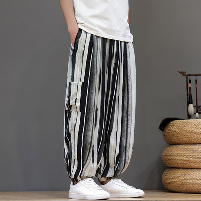 Nimara Ritual Summer Casual Boho Patch Pocket Striped Cropped Pants Men's Harem Pants With Pocket