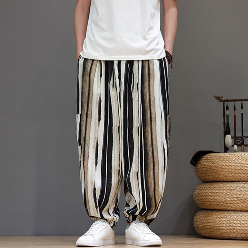 Nimara Ritual Summer Casual Boho Patch Pocket Striped Cropped Pants Men's Harem Pants With Pocket