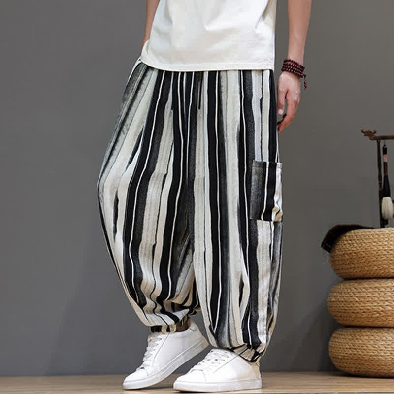 Nimara Ritual Summer Casual Boho Patch Pocket Striped Cropped Pants Men's Harem Pants With Pocket