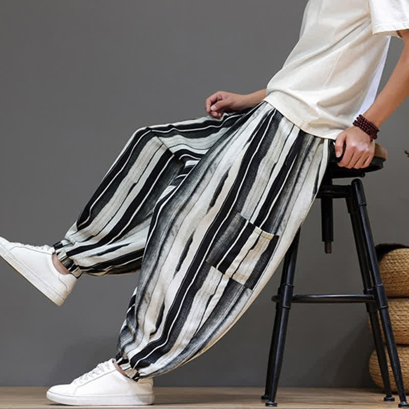 Nimara Ritual Summer Casual Boho Patch Pocket Striped Cropped Pants Men's Harem Pants With Pocket