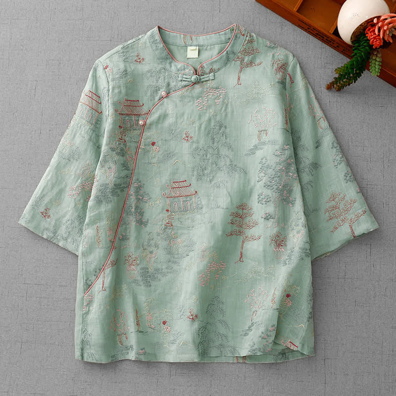 Nimara Ritual Summer Tang Style Vintage Mandarin Collar Embroidery Abstract Women's Short Sleeve Shirts