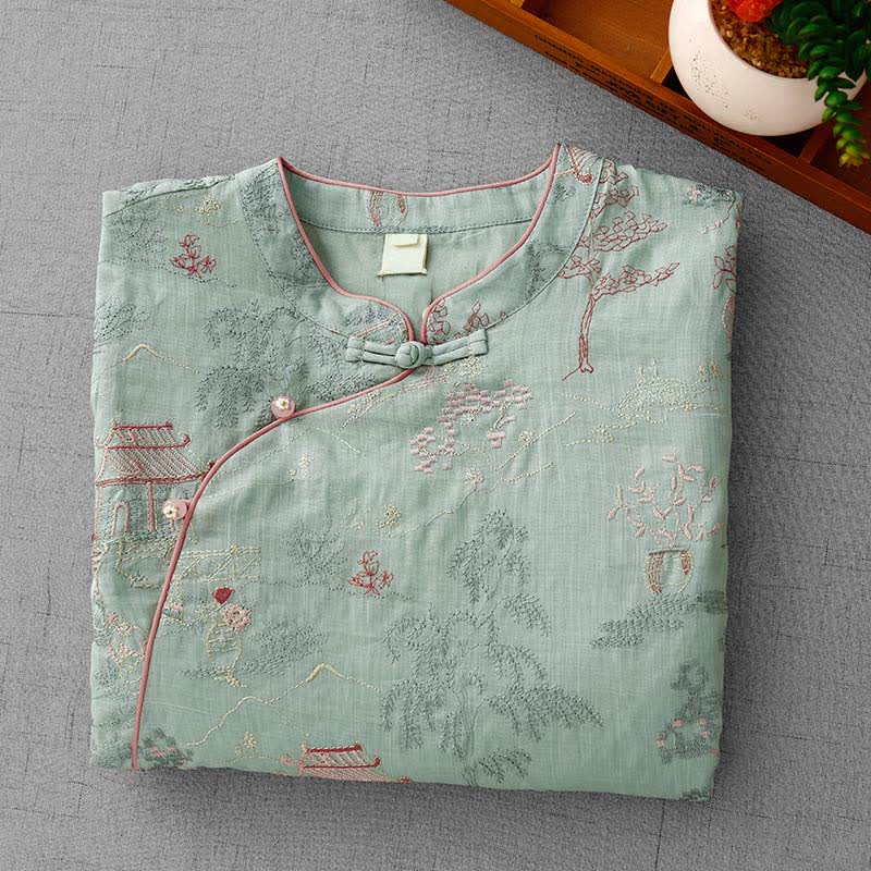 Nimara Ritual Summer Tang Style Vintage Mandarin Collar Embroidery Abstract Women's Short Sleeve Shirts