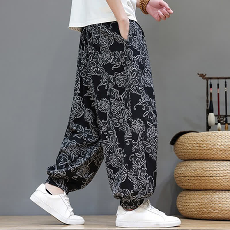 Nimara Ritual Summer Casual Vintage Drawstring Floral Ankle Pants Men's Harem Pants With Pocket