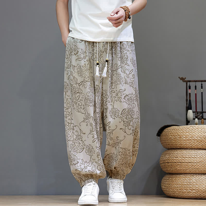 Nimara Ritual Summer Casual Vintage Drawstring Floral Ankle Pants Men's Harem Pants With Pocket