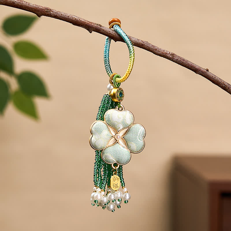 Nimara Ritual Song Brocade Four Leaf Clover Fu Character Lucky Fortune Wealth Tassel Keychains