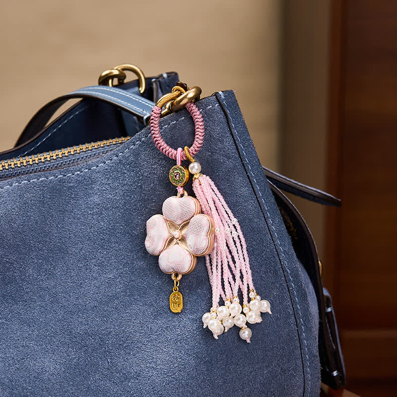 Nimara Ritual Song Brocade Four Leaf Clover Fu Character Lucky Fortune Wealth Tassel Keychains