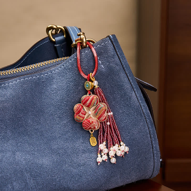 Nimara Ritual Song Brocade Four Leaf Clover Fu Character Lucky Fortune Wealth Tassel Keychains