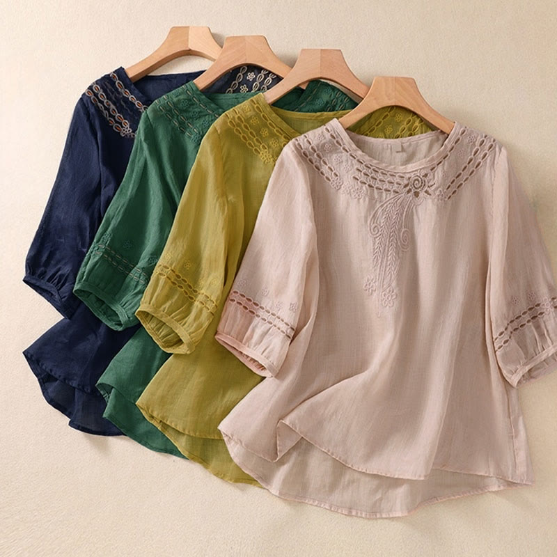 Nimara Ritual Artistic Plain Floral Embroidered Design Crew Neck Puff Half Sleeve Women's T-Shirt