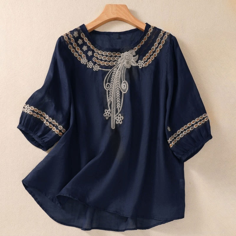 Nimara Ritual Artistic Plain Floral Embroidered Design Crew Neck Puff Half Sleeve Women's T-Shirt