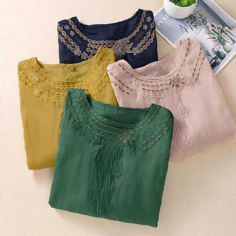 Nimara Ritual Artistic Plain Floral Embroidered Design Crew Neck Puff Half Sleeve Women's T-Shirt