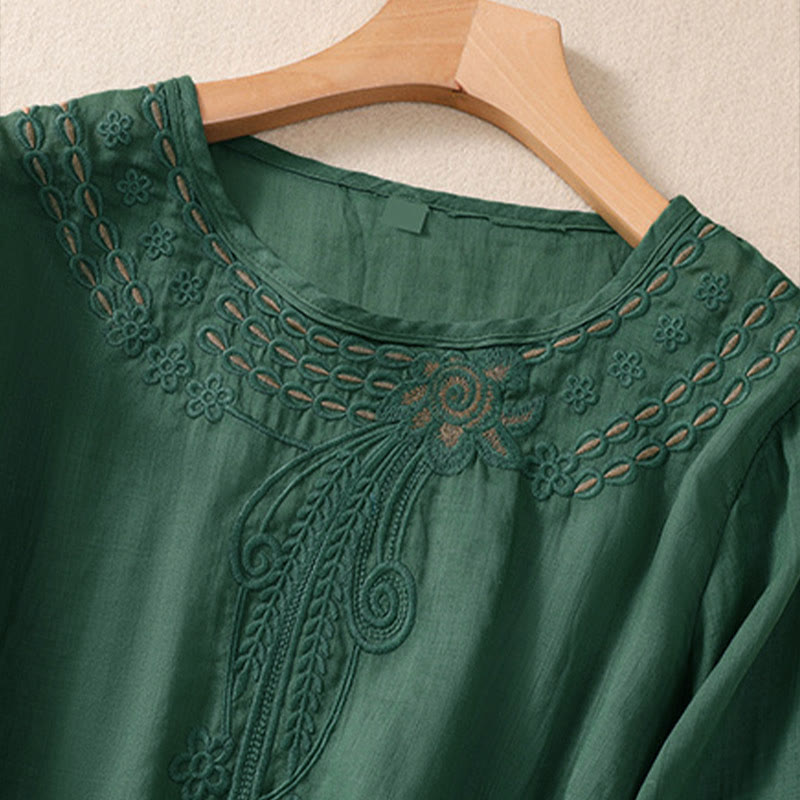 Nimara Ritual Artistic Plain Floral Embroidered Design Crew Neck Puff Half Sleeve Women's T-Shirt