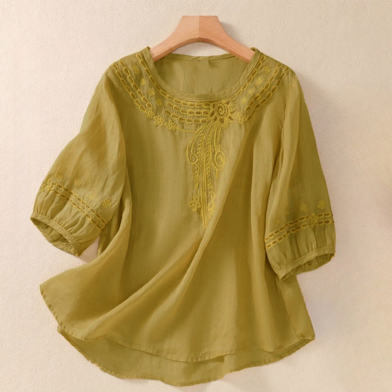 Nimara Ritual Artistic Plain Floral Embroidered Design Crew Neck Puff Half Sleeve Women's T-Shirt