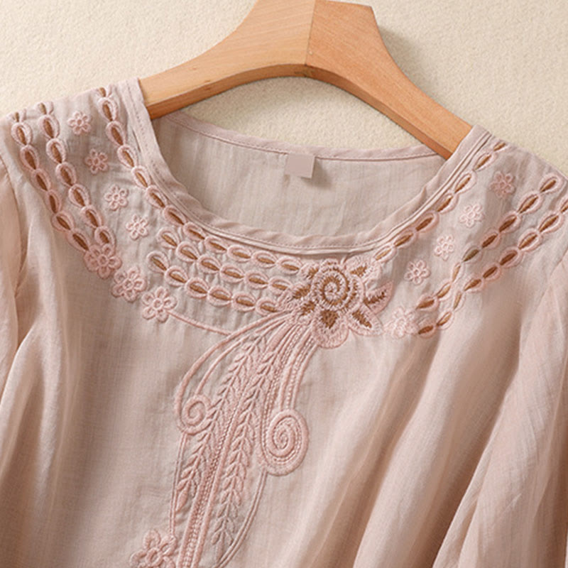 Nimara Ritual Artistic Plain Floral Embroidered Design Crew Neck Puff Half Sleeve Women's T-Shirt