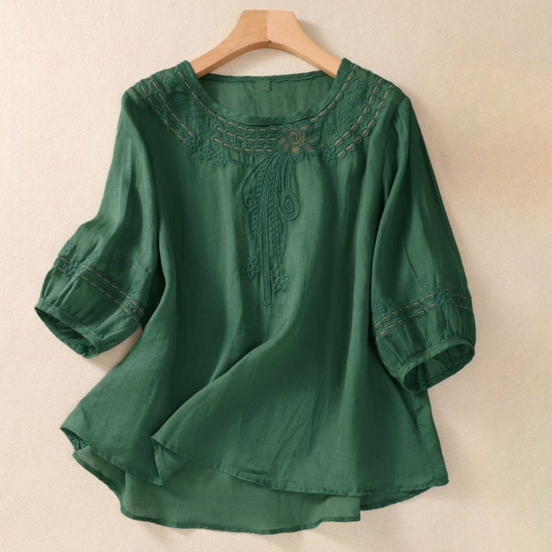 Nimara Ritual Artistic Plain Floral Embroidered Design Crew Neck Puff Half Sleeve Women's T-Shirt