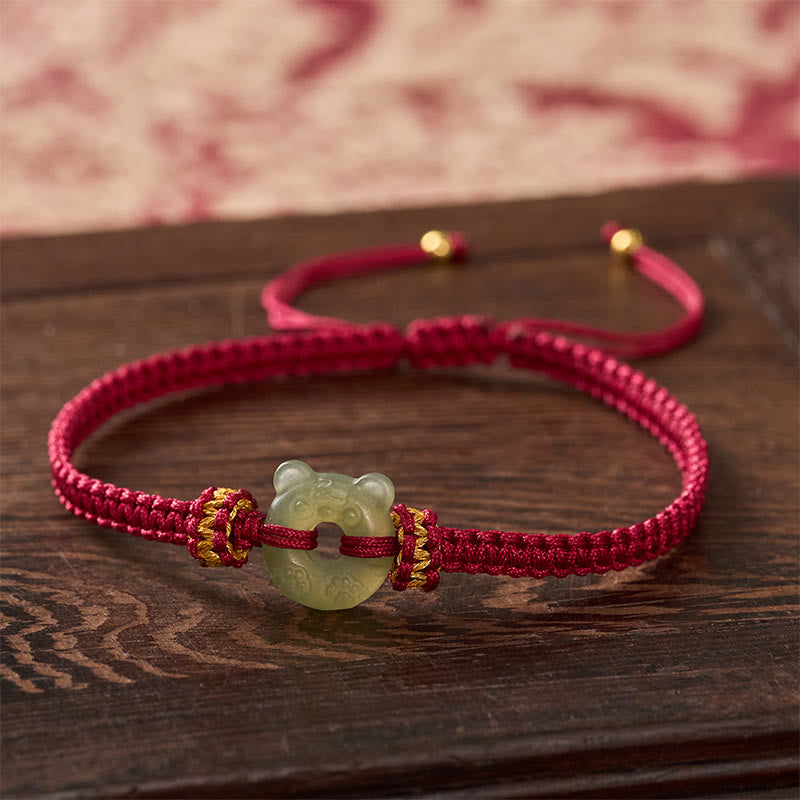Nimara Ritual Jade Tiger Head Design Peace Buckle Grounding Red String Braided Bracelet