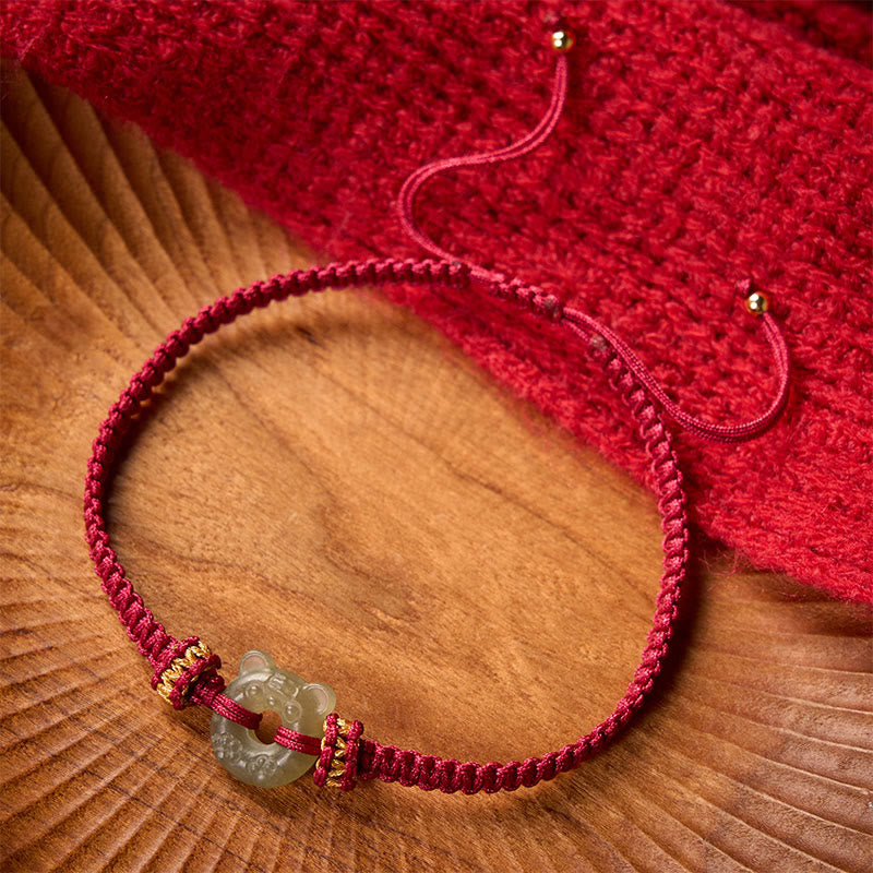 Nimara Ritual Jade Tiger Head Design Peace Buckle Grounding Red String Braided Bracelet