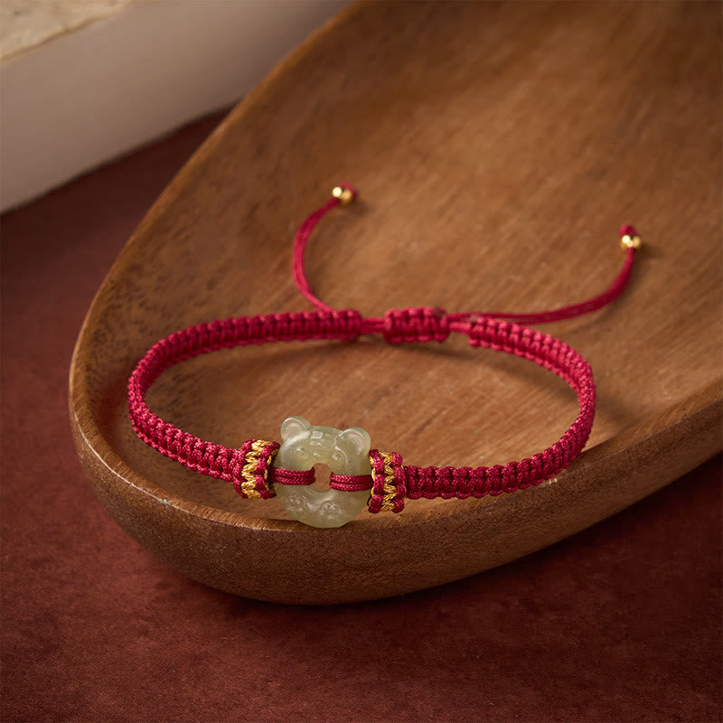 Nimara Ritual Jade Tiger Head Design Peace Buckle Grounding Red String Braided Bracelet