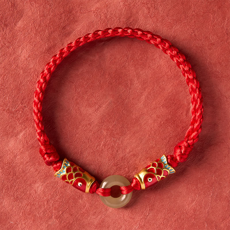 Nimara Ritual Hetian Jade Peace Buckle Double Koi Fish Red String Prosperity Bracelet