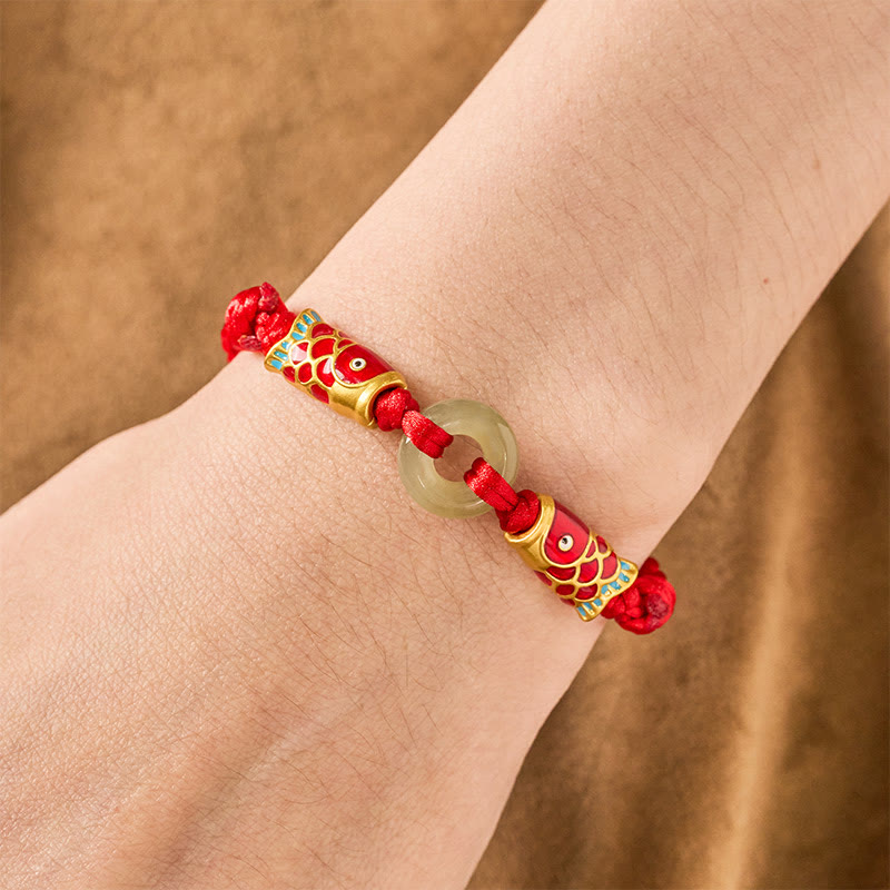 Nimara Ritual Hetian Jade Peace Buckle Double Koi Fish Red String Prosperity Bracelet