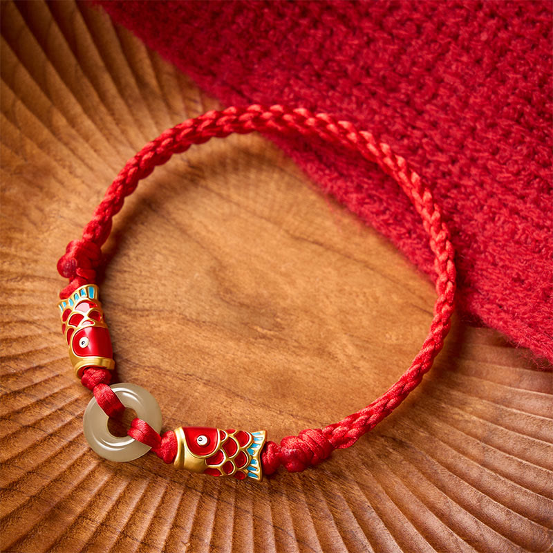 Nimara Ritual Hetian Jade Peace Buckle Double Koi Fish Red String Prosperity Bracelet