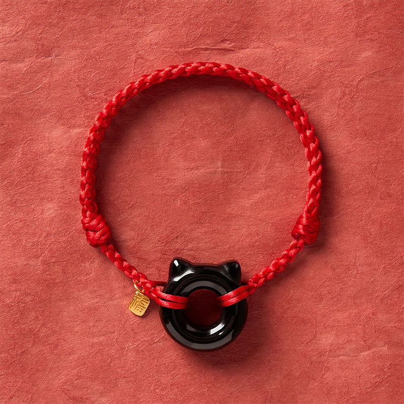 Nimara Ritual Black Obsidian Cat Design Peace Buckle Fu Character Red String Protection Braided Bracelet