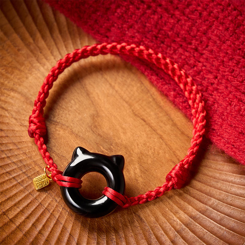 Nimara Ritual Black Obsidian Cat Design Peace Buckle Fu Character Red String Protection Braided Bracelet