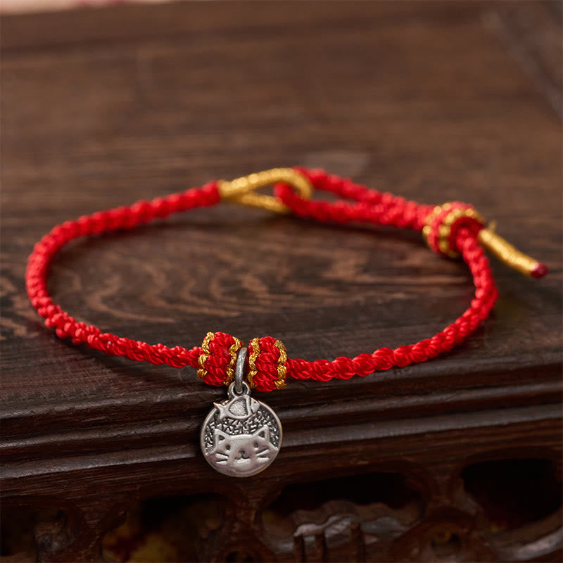 Nimara Ritual 925 Sterling Silver Kitten Eating Fish Round Pendant Prosperity Red Black String Braided Bracelet