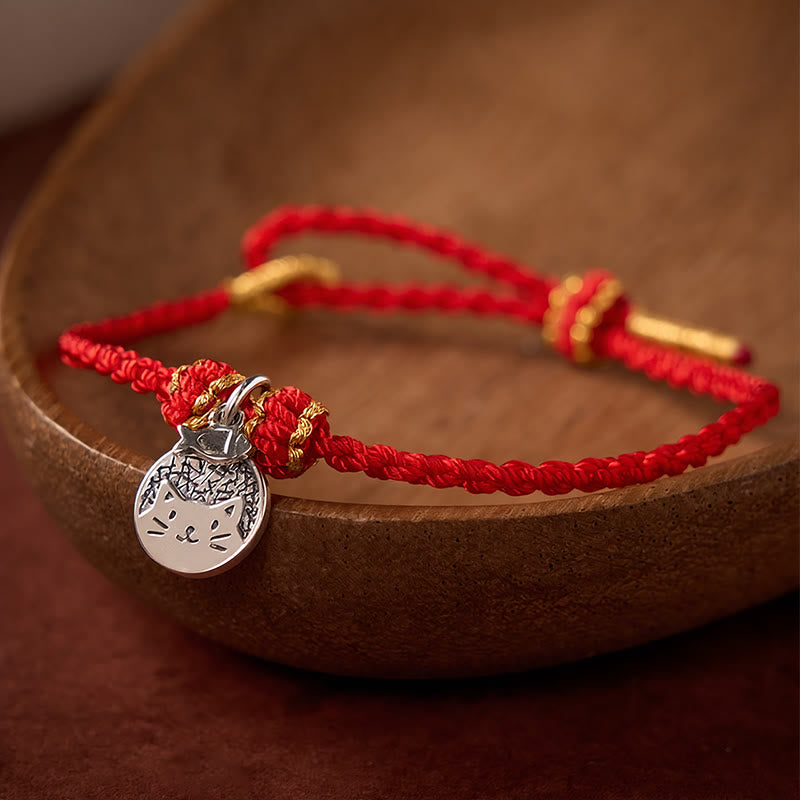 Nimara Ritual 925 Sterling Silver Kitten Eating Fish Round Pendant Prosperity Red Black String Braided Bracelet