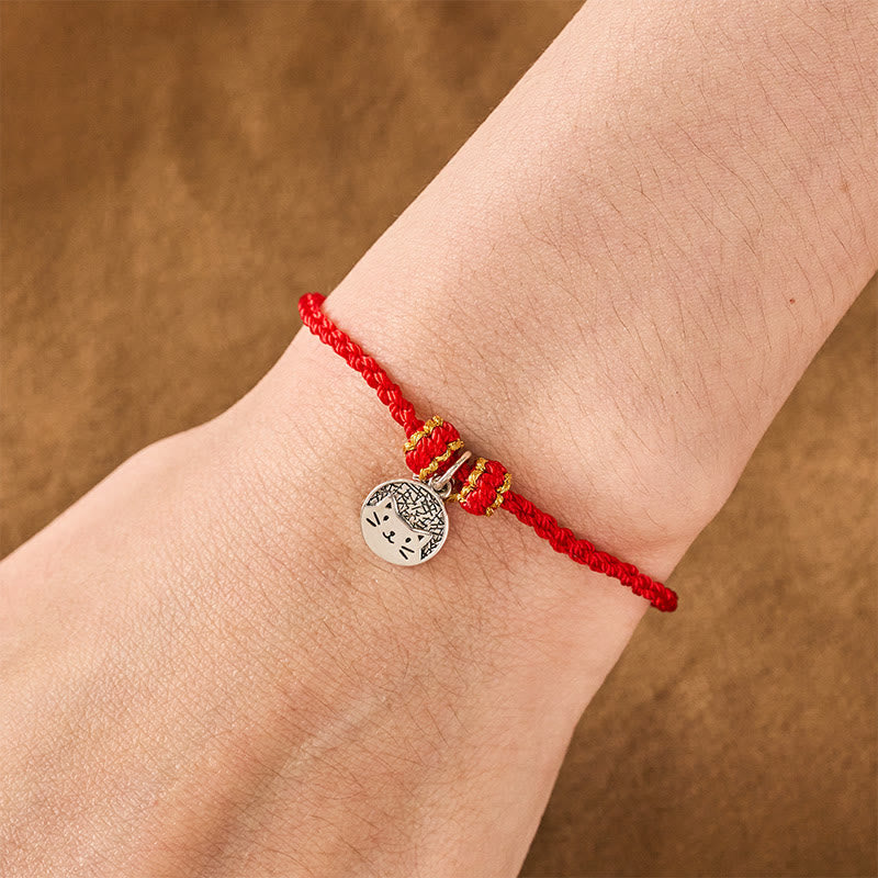 Nimara Ritual 925 Sterling Silver Kitten Eating Fish Round Pendant Prosperity Red Black String Braided Bracelet