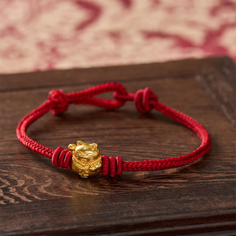 Nimara Ritual Hand-Woven Red String Copper Lucky Cat Blessing Adjustable Bracelet