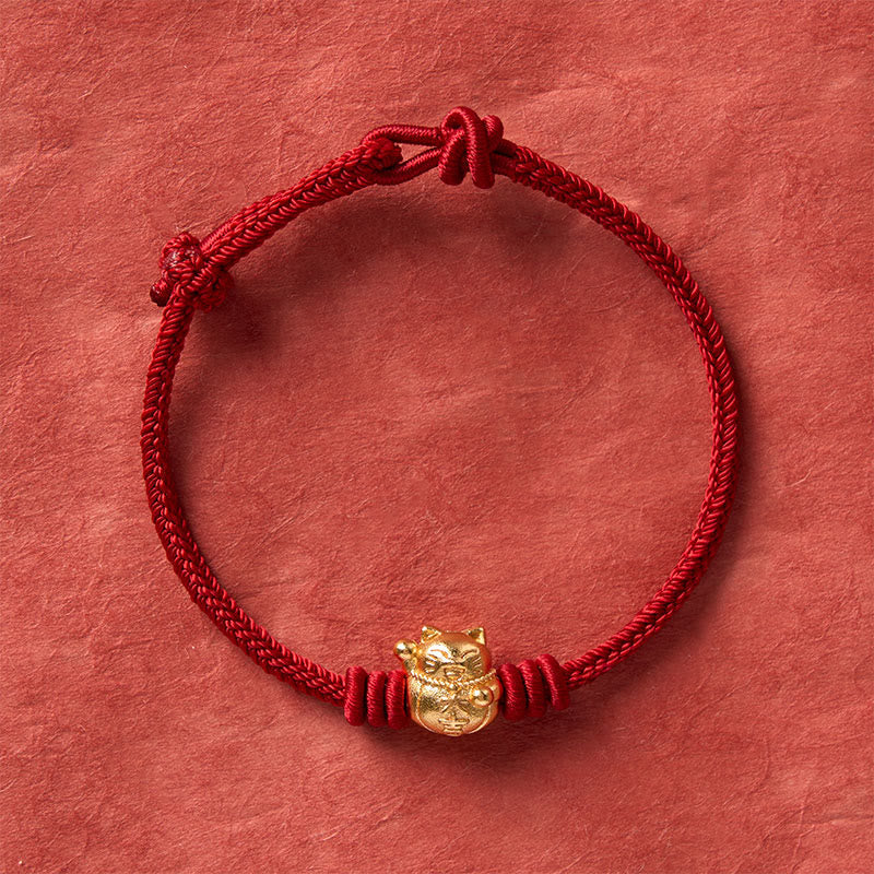 Nimara Ritual Hand-Woven Red String Copper Lucky Cat Blessing Adjustable Bracelet