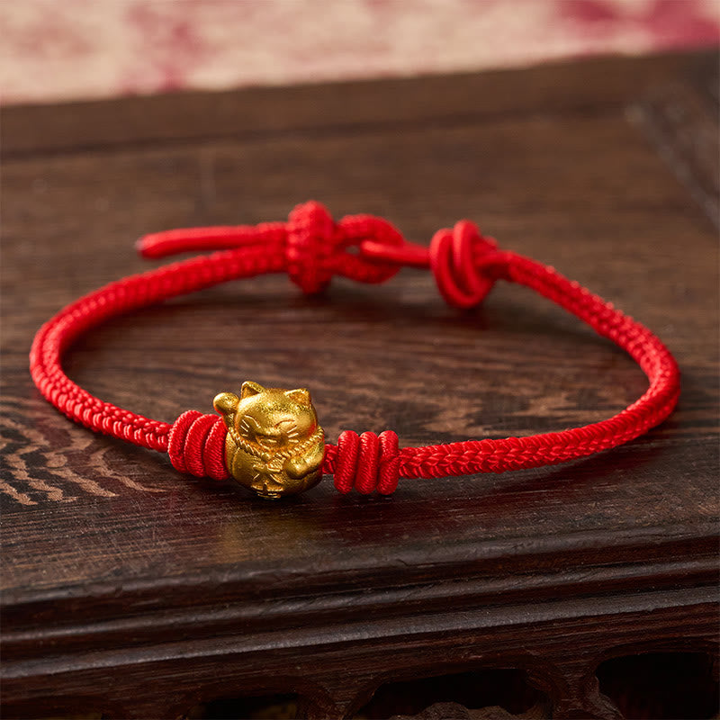 Nimara Ritual Hand-Woven Red String Copper Lucky Cat Blessing Adjustable Bracelet